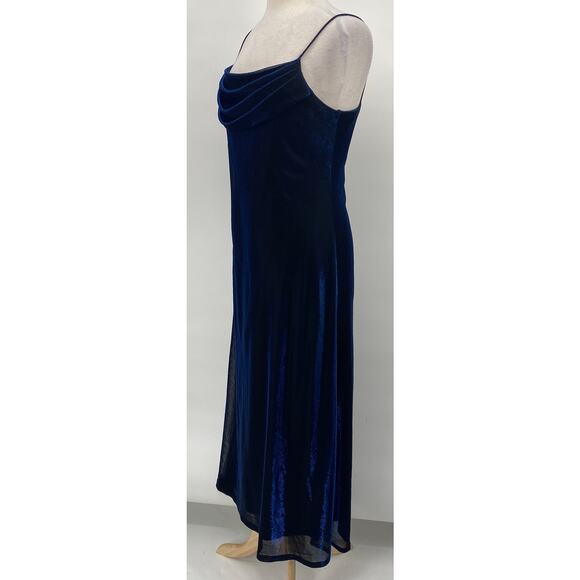 Vintage 90s Metallic Mesh Maxi Gown Cowl Neck Slip Dress Blue Womens 8 Petite - Picture 4 of 10